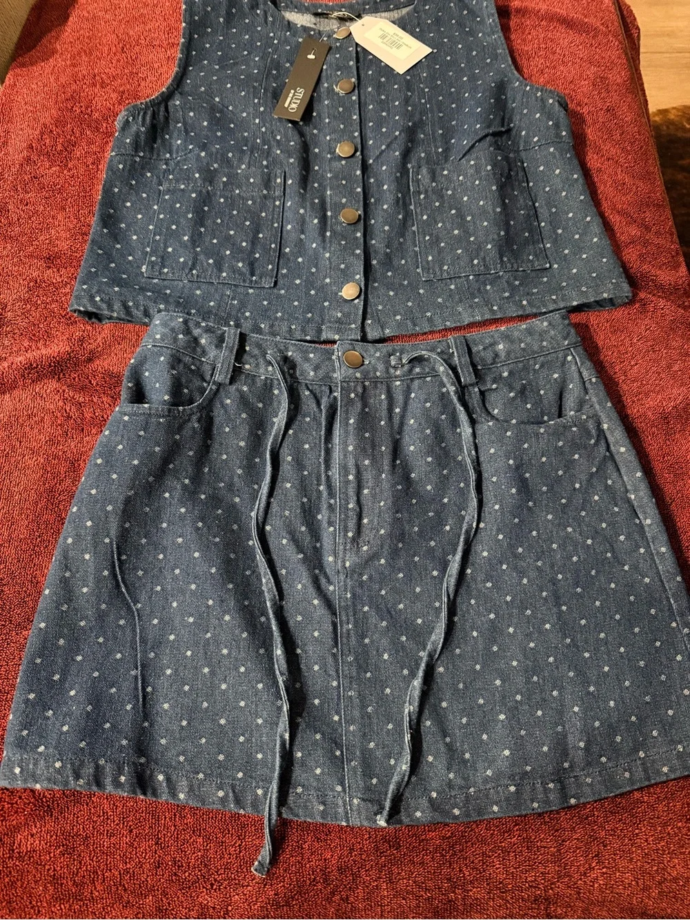 Studio by The Workshop Clothing Blue Polka Dot Denim Vest & A-Line Skirt Set
